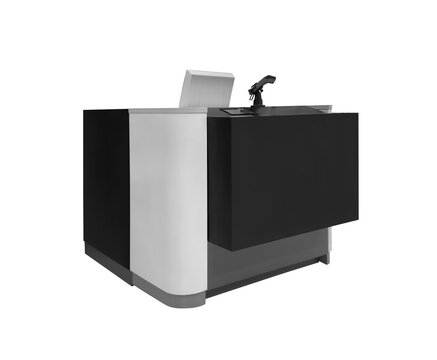 Empty modern black and white payment counter, cashier counter isolated on white background