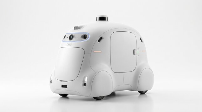 Autonomous robotic delivery pod on white background. Futuristic self-driving cargo bot for urban logistics and contactless shipping.