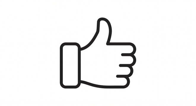 A minimalist black line art icon of a thumbs up hand gesture isolated on a white.