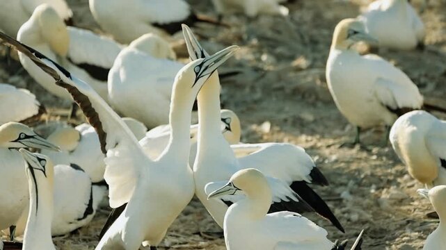 Group of Gannet Birds Standing Together on Sandy Beach Ground