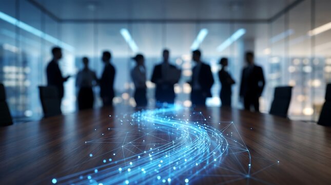 Business people silhouettes in boardroom with glowing blue digital data network stream emerging from center of polished wooden conference table