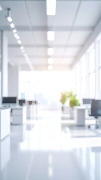 Blurred view of a bright, modern office interior with rows of desks and natural light
