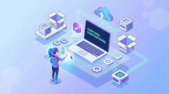 Isometric illustration of person working on laptop with cloud data storage api and server modules representing software development workflow