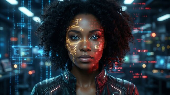 Portrait of young woman with digital circuit board pattern on face surrounded by binary code and data streams in high tech server room