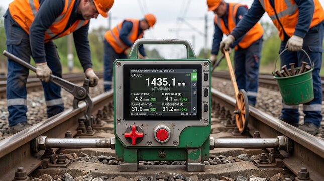 Professional railway workers inspecting train tracks using specialized gauge measurement equipment during a sunny daylight shift