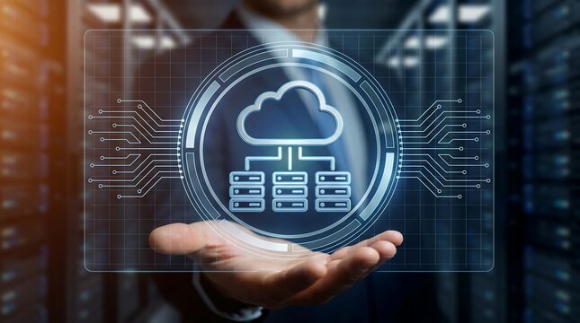 Professional businessman holding glowing digital cloud server infrastructure interface in modern data center environment for cloud computing concept