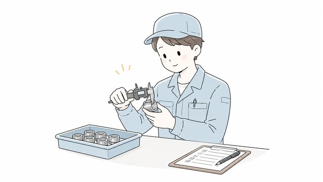 工場でノギスを使って製品の寸法を検査・測定する品質管理担当者のイラスト