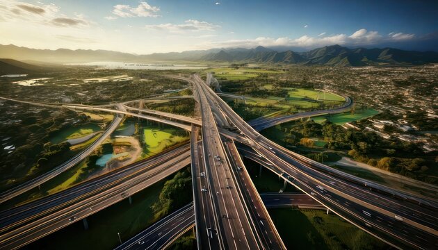 Aerial view of highway interchange system.