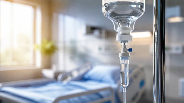 IV Infusion Drip Beside Empty Hospital Bed in Bright Modern Patient Care Room
