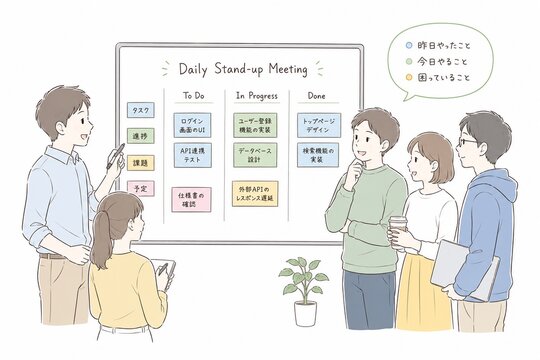 デイリースタンドアップミーティングで進捗状況を確認するビジネスチーム