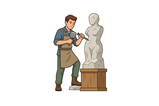 Sculptor Carving Stone Statue Vector Illustration