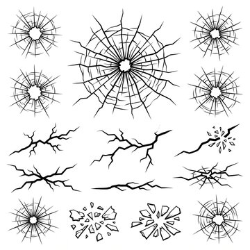 Broken Glass Crack Collection Black and White Shattered Impact Set, vector isolated on white