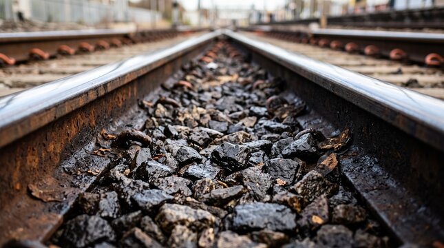 Weathered metal train tracks featuring sharp wet black gravel resting between two long rusted steel rails