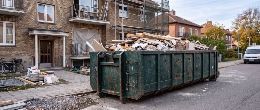 Construction Waste Skip Container Outside Residential Building