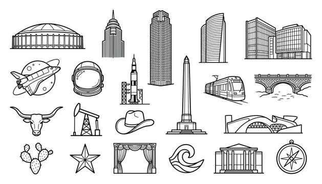 Houston Texas City Landmark and Cultural Heritage Vector Icon Set Featuring Space Shuttle, Skyscrapers, Longhorn, and Regional Symbols for Tourism Graphic Designs