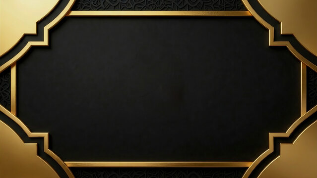 Luxury black and gold Islamic background with 3D layered metallic arch frame