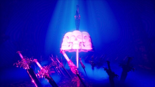Neon Blue VJ Loop of Legendary Sword Piercing Skull Crown Above Cursed Blade Graveyard