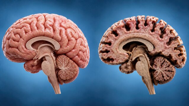 Healthy and atrophied human brain sagittal sections illustrating neurological degeneration process.