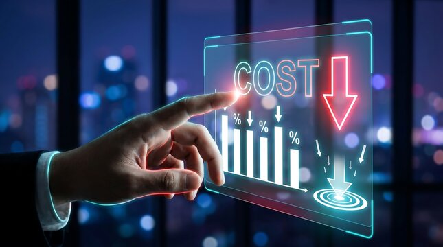 Hand touching holographic interface showing cost reduction financial graph