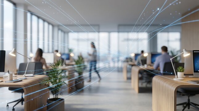 Abstract office interior with digital network connection lines overlay