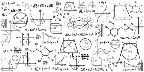 Obraz premium Hand drawn educational collage of math, geometry, physics and chemistry formulas, graphs and diagrams on a white background, concept of learning