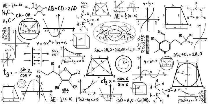 Hand drawn educational collage of math, geometry, physics and chemistry formulas, graphs and diagrams on a white background, concept of learning