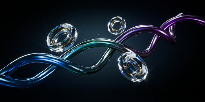 Abstract metallic spirals and glass rings on a dark background, with light