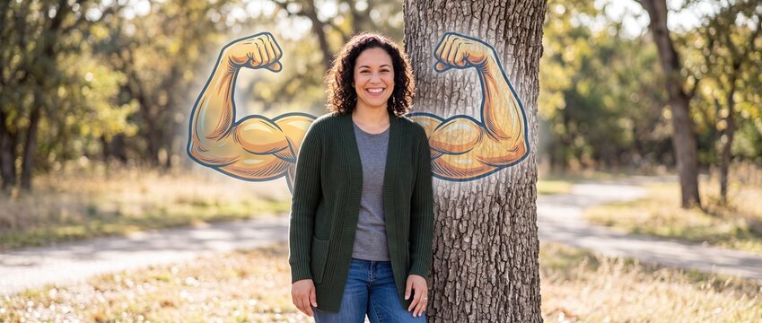 Confident Woman With Drawn Strength Arms Outdoors