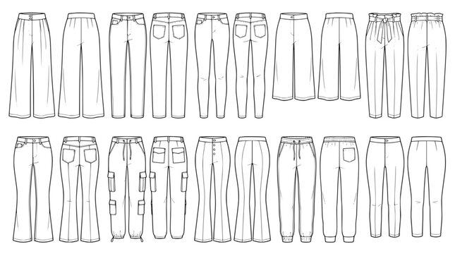 ten different womens pants flat technical sketches showing front and back views on white background