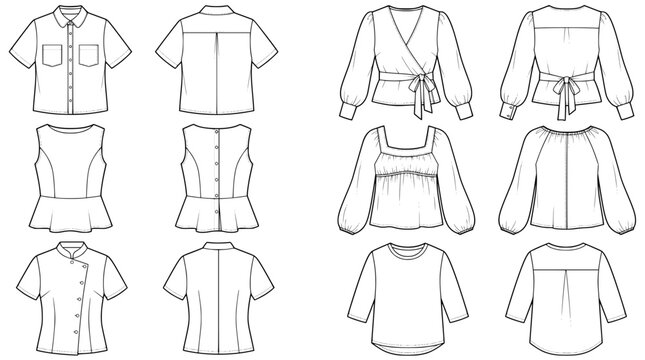 six different womens blouse flat technical sketches showing front and back views on white background