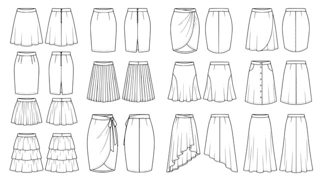 different womens skirt flat technical sketches showing front and back views on white background