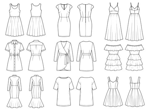 nine different womens dress flat technical sketches showing front and back views on white background