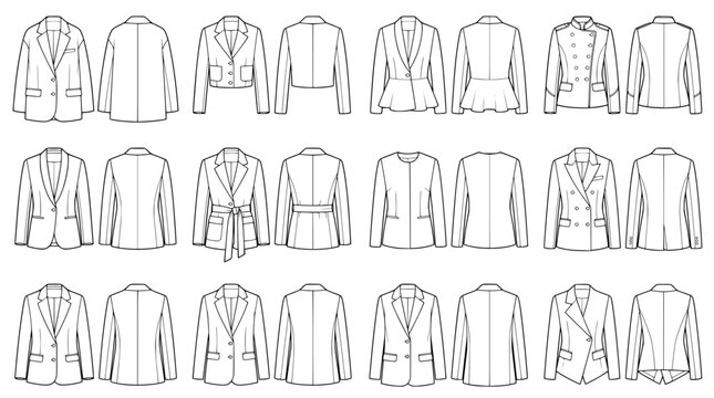 a collection of  womens blazer and jacket technical flat sketches on a white background