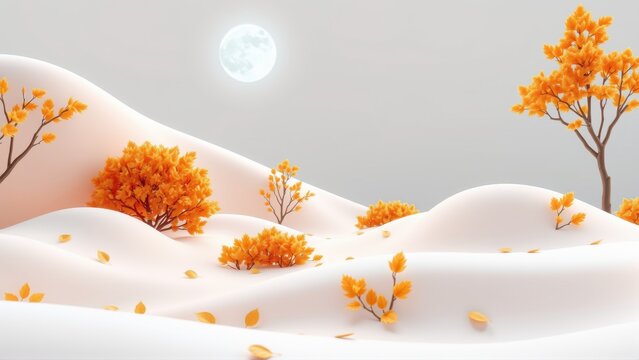 Minimalist landscape. Soft hills, orange foliage, bright moon. Dreamlike scene evokes autumn tranquility, peaceful ambiance.