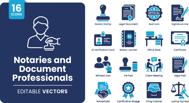 Notaries and Document Professionals Icon Set &ndash; Editable Blue Vector Symbols for Legal Services