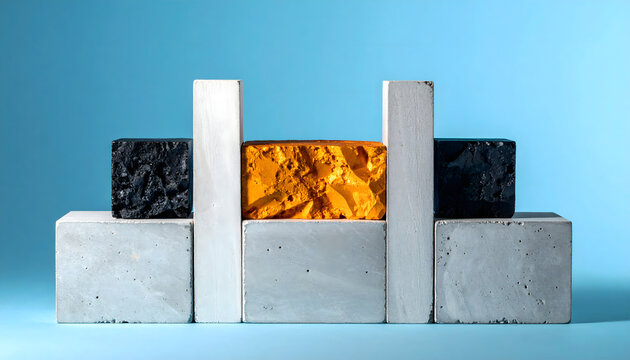 Sequence of rough dark geometric blocks gradually transforming into one refined polished piece, creating striking visual contrast