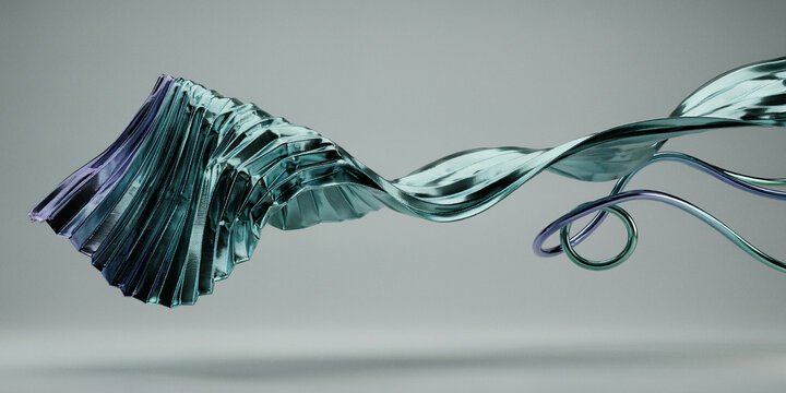 Abstract pleated teal fabric form with flowing metallic ribbons on grey background