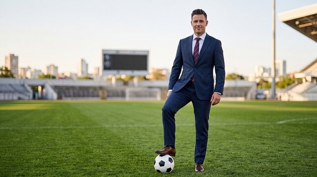 Business Professional Standing on Soccer Ball Strategy Concept
