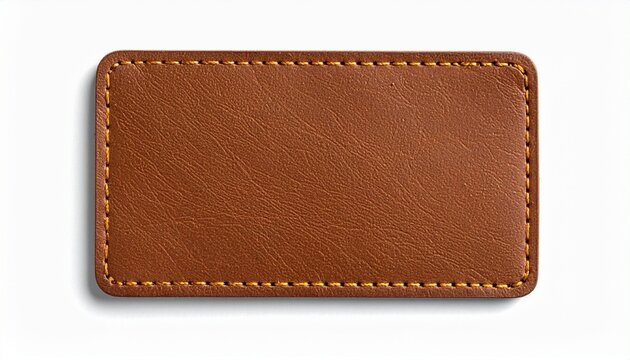 Rectangular brown leather patch with visible stitching, smooth texture, craftsmanship, elegant material detail.