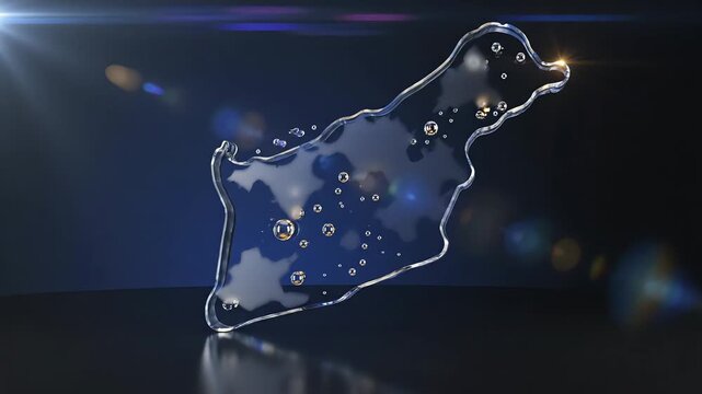 Abstract glass map shape with blue and white liquid texture