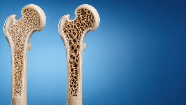 Healthy and osteoporotic bone cross-sections illustrating the impact of bone density loss.