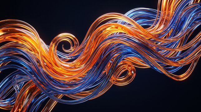 Abstract orange and blue glass waves. Fluid 3D liquid lines on a dark background.