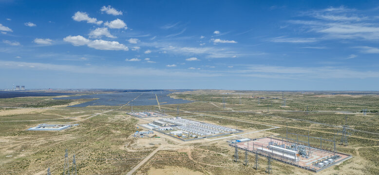 Aerial View of Energy Storage Power Station, Substation and Solar Farm in Gobi Desert