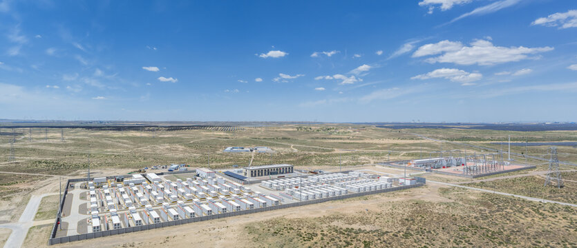 Aerial View of Energy Storage Power Station and Substation in Desert Solar Farm