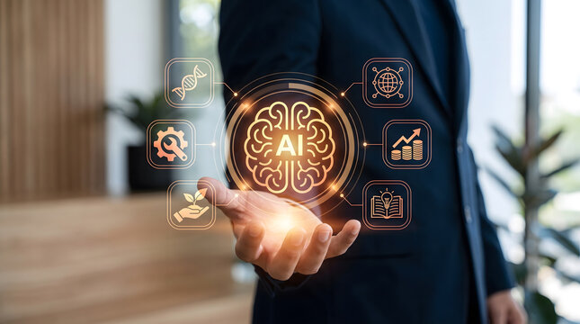 Businessman holding glowing AI brain hologram with multidisciplinary technology and business icons, Artificial intelligence and machine learning concept.