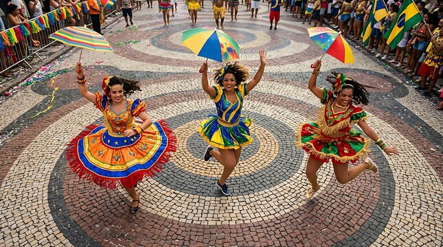 Brazilian dancers performing frevo with colorful umbrellas in parade