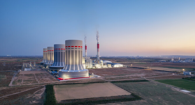 Aerial View of Ultra-Supercritical Coal Power Plant in Evening