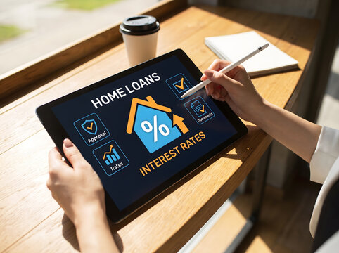 Hands using stylus on tablet showing home loan application and rising interest rates concept, Real estate finance and mortgage approval process with digital banking interface on smart device.