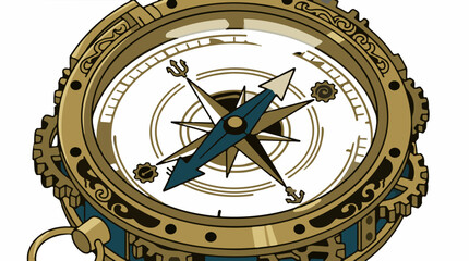 Fototapeta premium Ornate Steampunk Compass Illustration with Brass Gears and Blue Needle, Detailed Vector Graphic with Nautical Symbols, Vintage Navigation Tool