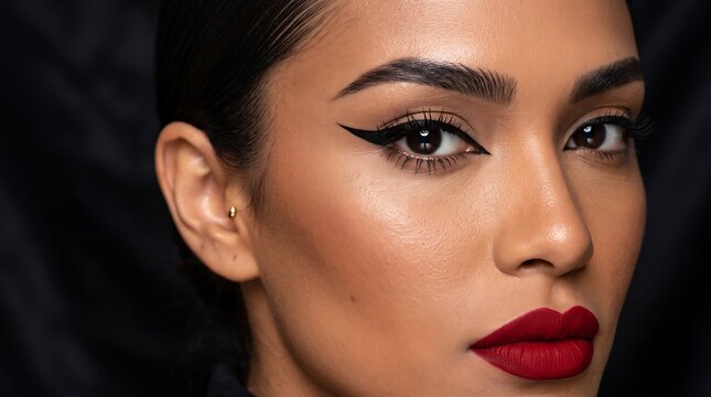 Woman with winged eyeliner. Professional makeup look with bold red lipstick.